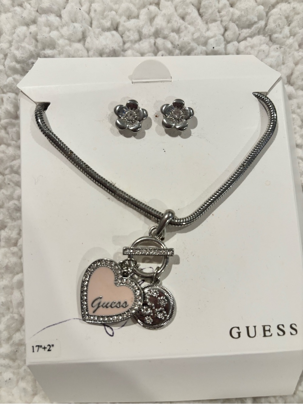 GUESS Silver-Tone Necklace and Flower Studs with Pink Heart Charm